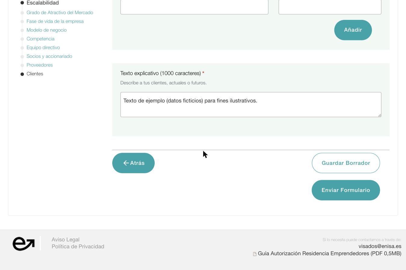 Низ последнего экрана анкеты ENISA (Clientes) с двумя кнопками: "Guardar Borrador" (обведена) и "Enviar Formulario" (закрашена) одна под другой