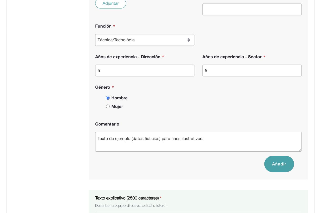Экран Equipo directivo: поля Nombre y apellidos, Cargo, Función, Años de experiencia - Dirección, Años de experiencia - Sector, Género, Comentario