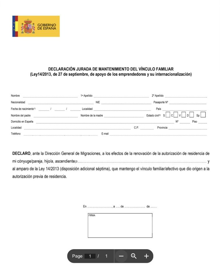 Бланк Declaración jurada de mantenimiento del vínculo familiar: личные данные и текст декларации о сохранении семейной связи
