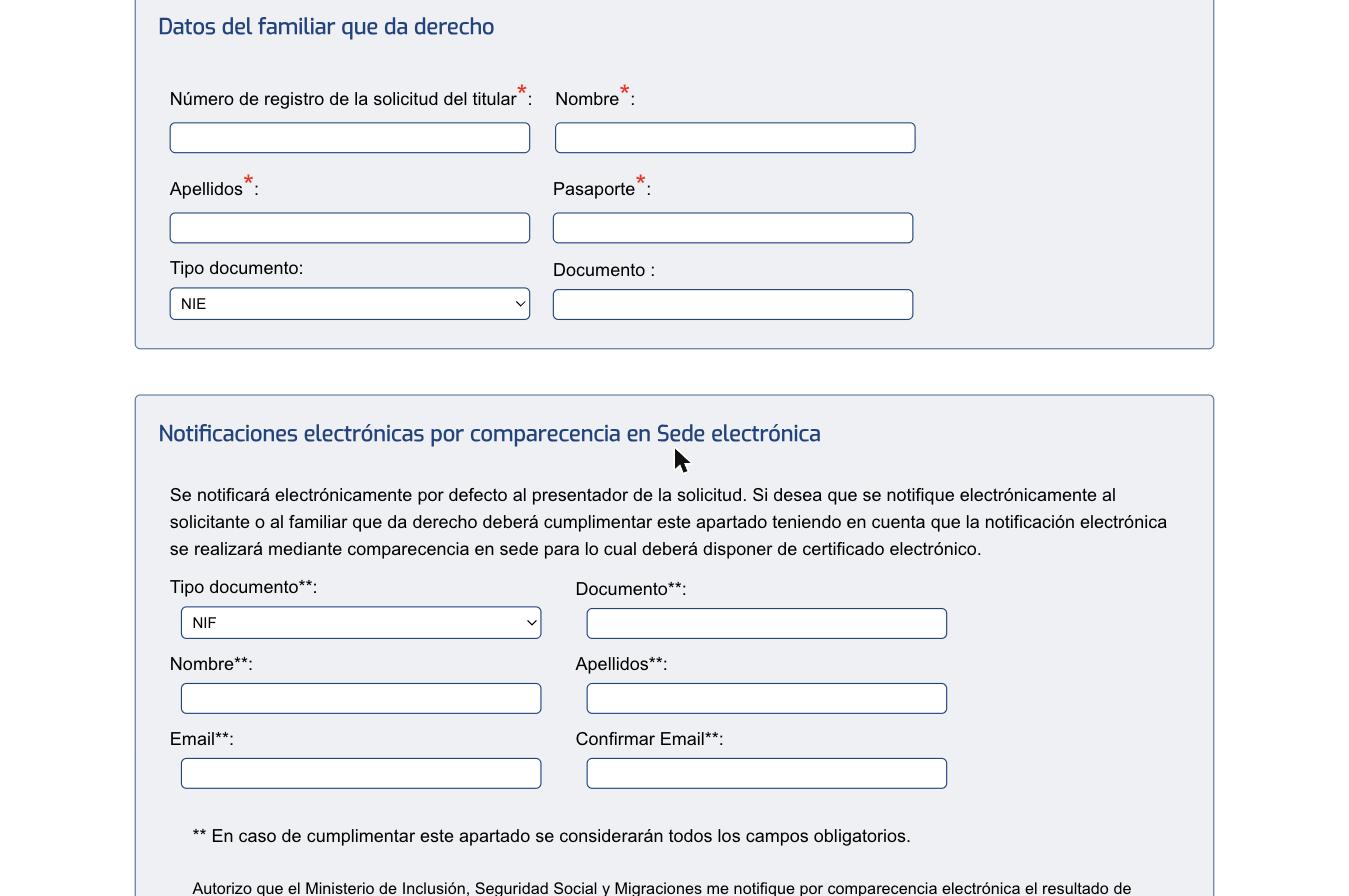 Экран Datos del familiar que da derecho: обязательное поле "Número de registro de la solicitud del titular", плюс Nombre, Apellidos, Pasaporte титульного заявителя