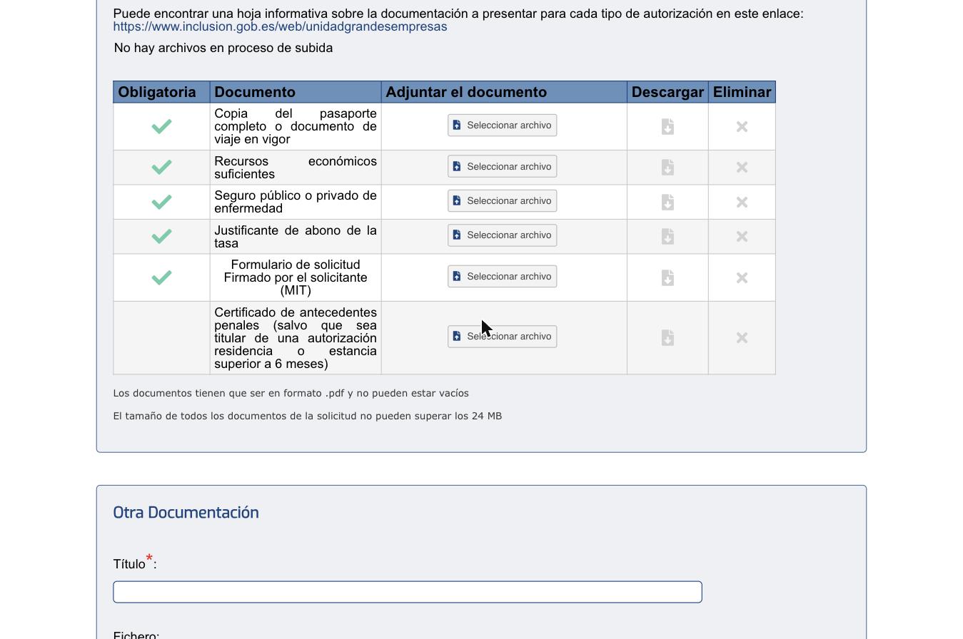 Таблица Documentación adjunta al trámite: строки Copia del pasaporte, Recursos económicos suficientes, Seguro de enfermedad, Justificante de abono de la tasa, Formulario de solicitud firmado (MIT), Certificado de antecedentes penales - последняя строка без галочки в столбце Obligatoria