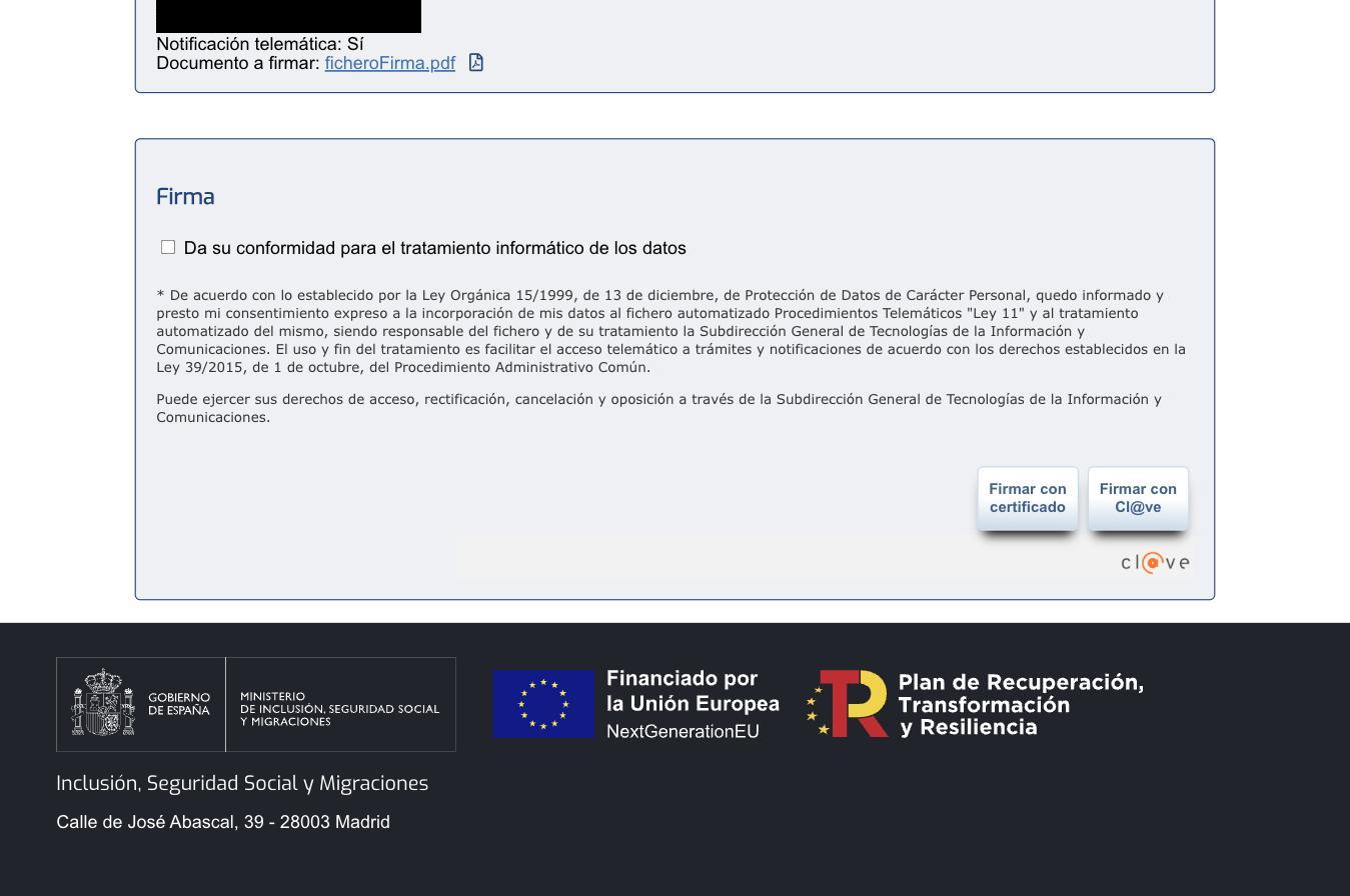 Низ экрана Firmar Solicitud: кнопки "Firmar con certificado" и "Firmar con Cl@ve"