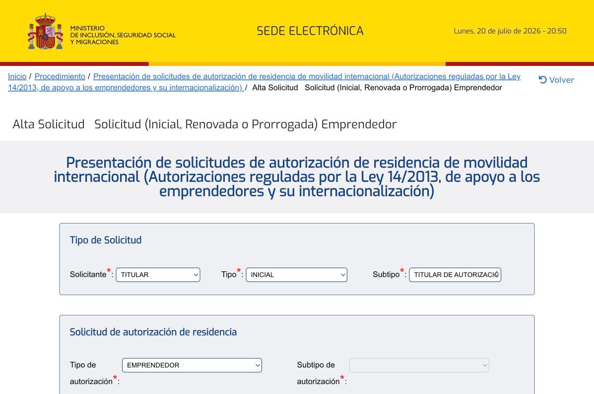 Экран Tipo de Solicitud и Tipo de autorización: раскрытый список из 11 категорий, среди них EMPRENDEDOR выбран