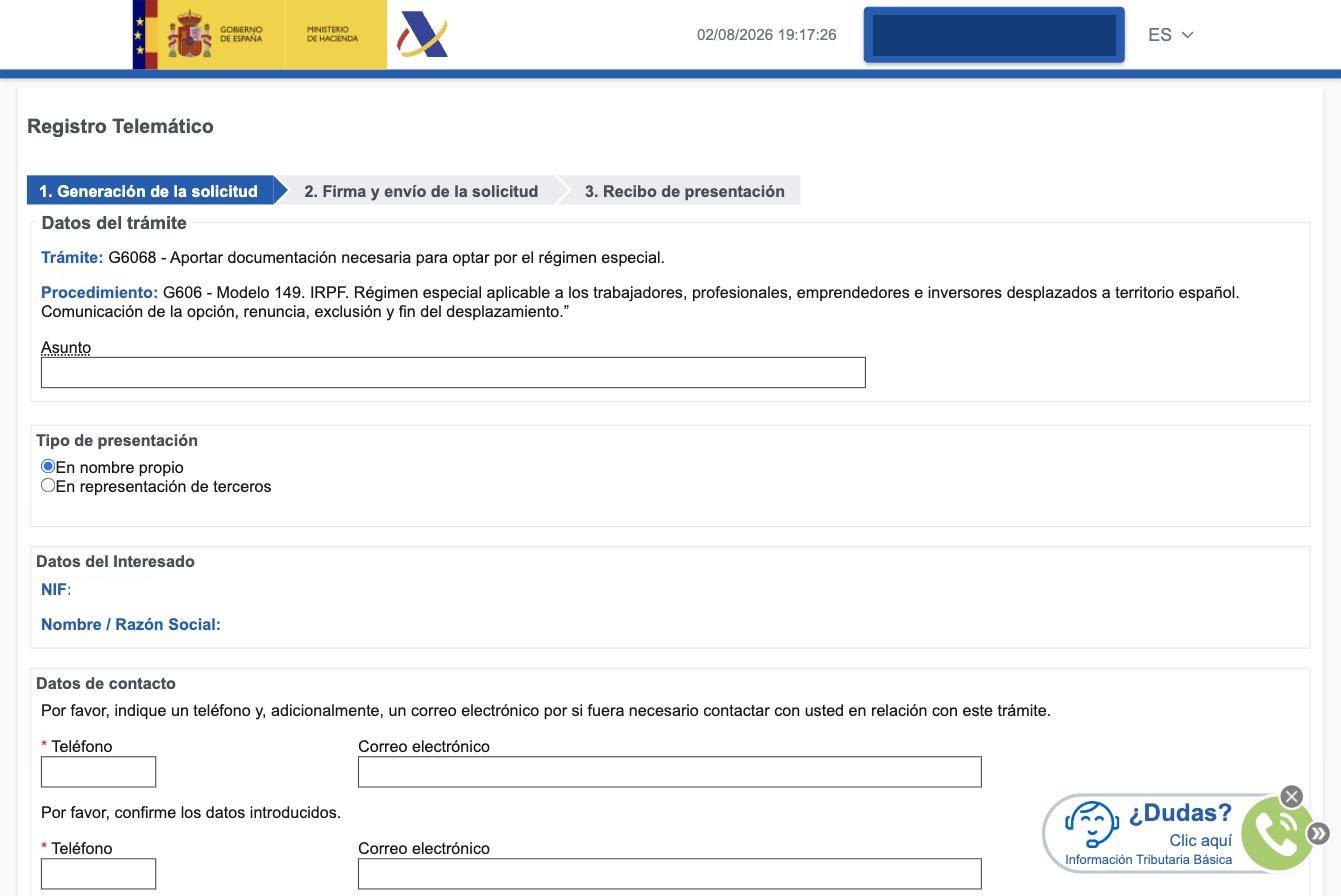 Экран Registro Telemático - Alta del Asiento Registral: трамите G6068 «Aportar documentación necesaria para optar por el régimen especial», блок Tipo de presentación (En nombre propio / En representación de terceros), блок Datos del Interesado