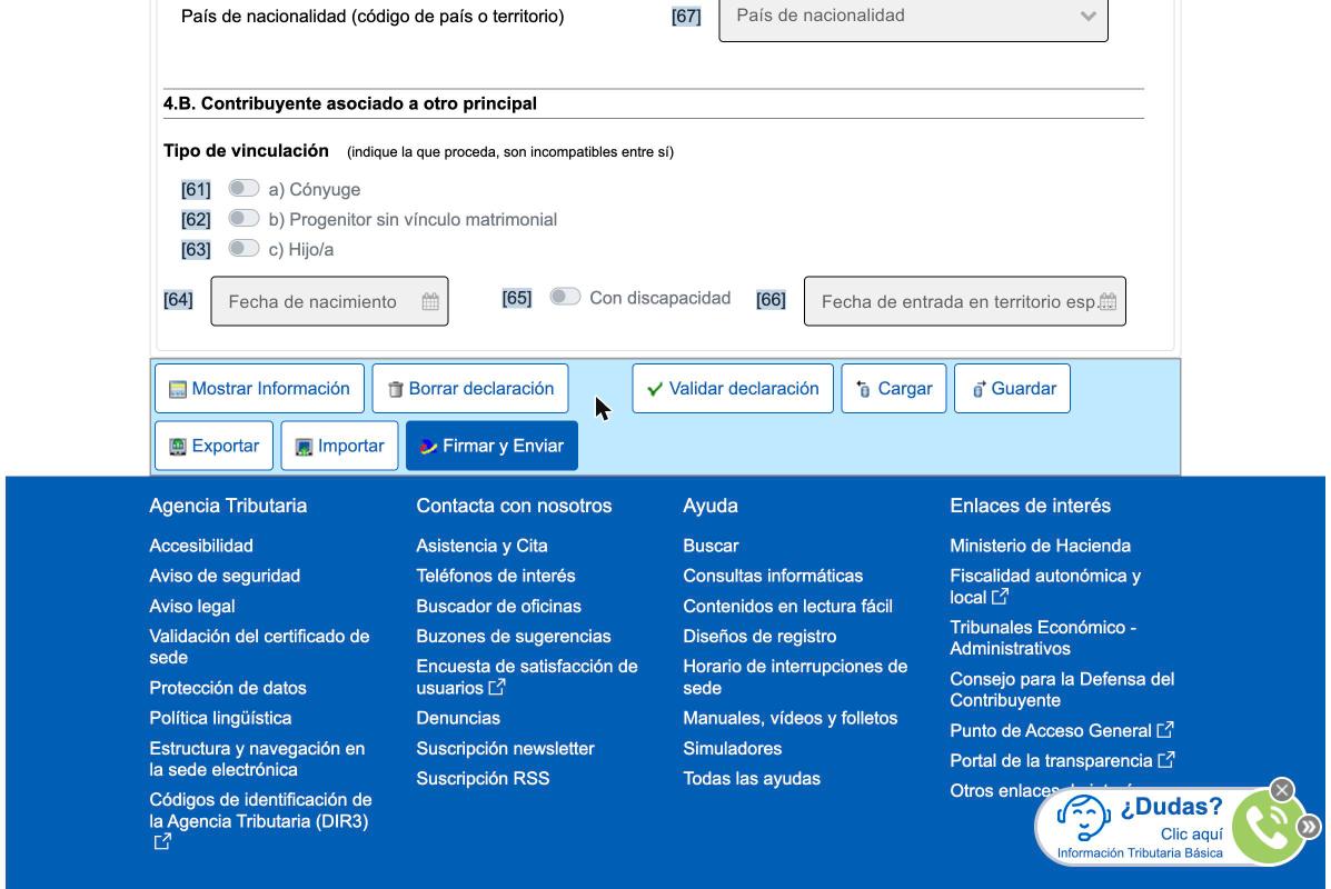 Экран Modelo 149, раздел 4.B «Contribuyente asociado a otro principal»: чекбоксы Tipo de vinculación - a) Cónyuge, b) Progenitor sin vínculo matrimonial, c) Hijo/a, поля Fecha de nacimiento, Con discapacidad, Fecha de entrada en territorio español; ниже панель кнопок Mostrar Información, Borrar declaración, Validar declaración, Cargar, Guardar, Exportar, Importar, Firmar y Enviar
