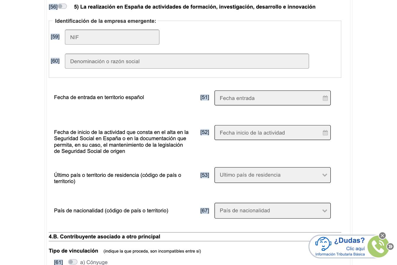 Экран Modelo 149, раздел 4.A: поля Fecha de entrada en territorio español [51] и Fecha de inicio de la actividad que consta en el alta en la Seguridad Social en España o en la documentación que permita, en su caso, el mantenimiento de la legislación de Seguridad Social de origen [52]