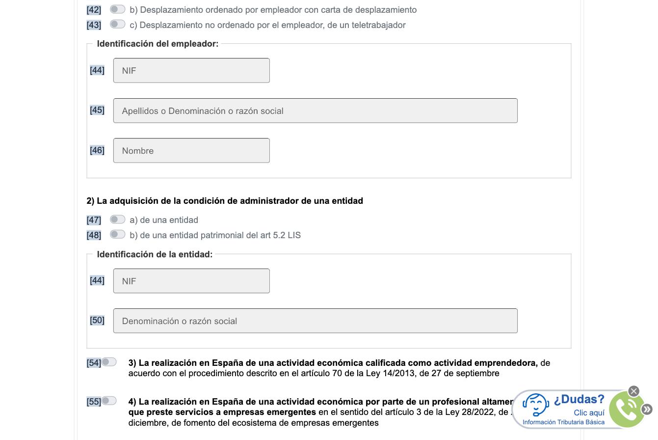 Экран Modelo 149, раздел 4.A: чекбоксы «1) Un contrato de trabajo» с тремя подвариантами a/b/c и блоком Identificación del empleador, «2) La adquisición de la condición de administrador de una entidad» с подвариантами a) de una entidad / b) de una entidad patrimonial del art 5.2 LIS и блоком Identificación de la entidad, начало пункта «3) La realización en España de una actividad económica calificada como actividad emprendedora» и пункта «4) La realización en España de una actividad económica por parte de un profesional altamente cualificado que preste servicios a empresas emergentes»