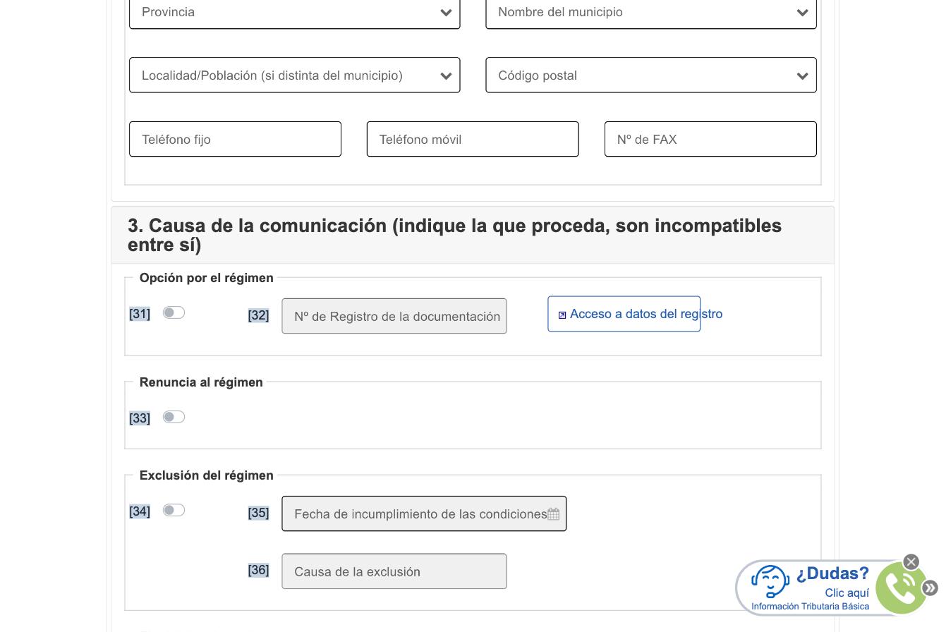 Экран Modelo 149, раздел 3 «Causa de la comunicación»: блок «Opción por el régimen» с полем [32] Nº de Registro de la documentación и кнопкой «Acceso a datos del registro», ниже блоки «Renuncia al régimen», «Exclusión del régimen» с полями Fecha de incumplimiento de las condiciones и Causa de la exclusión, и блок «Fin del desplazamiento»